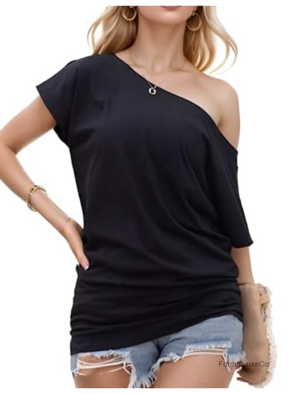 Off Shoulder Tunic Top for Women Short Sleeve Oversized Blouse Date Night Flowy